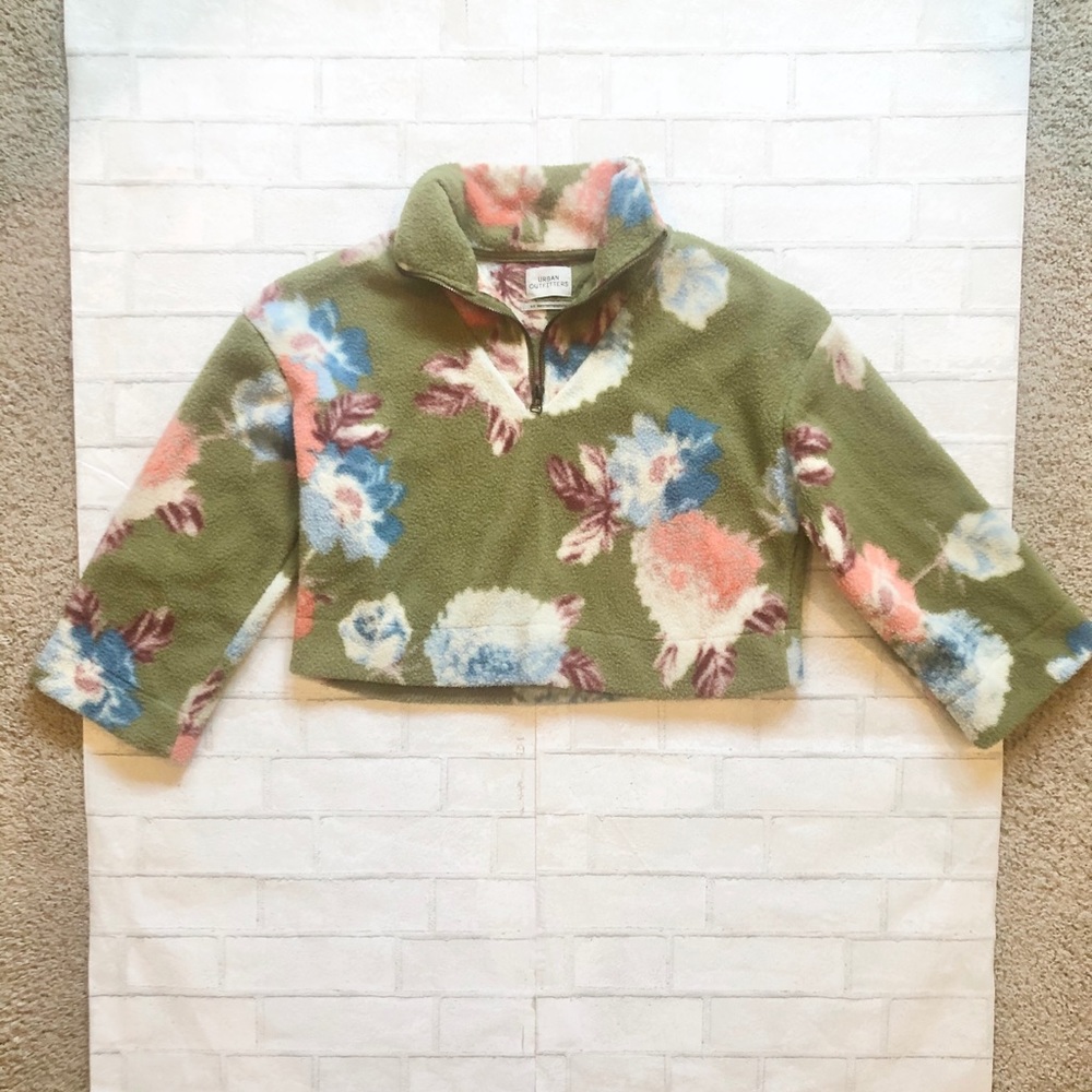 Urban Outfitters Torrance Floral Sherpa Fleece Cropped Quarter Zip Pullover - Picture 3 of 8